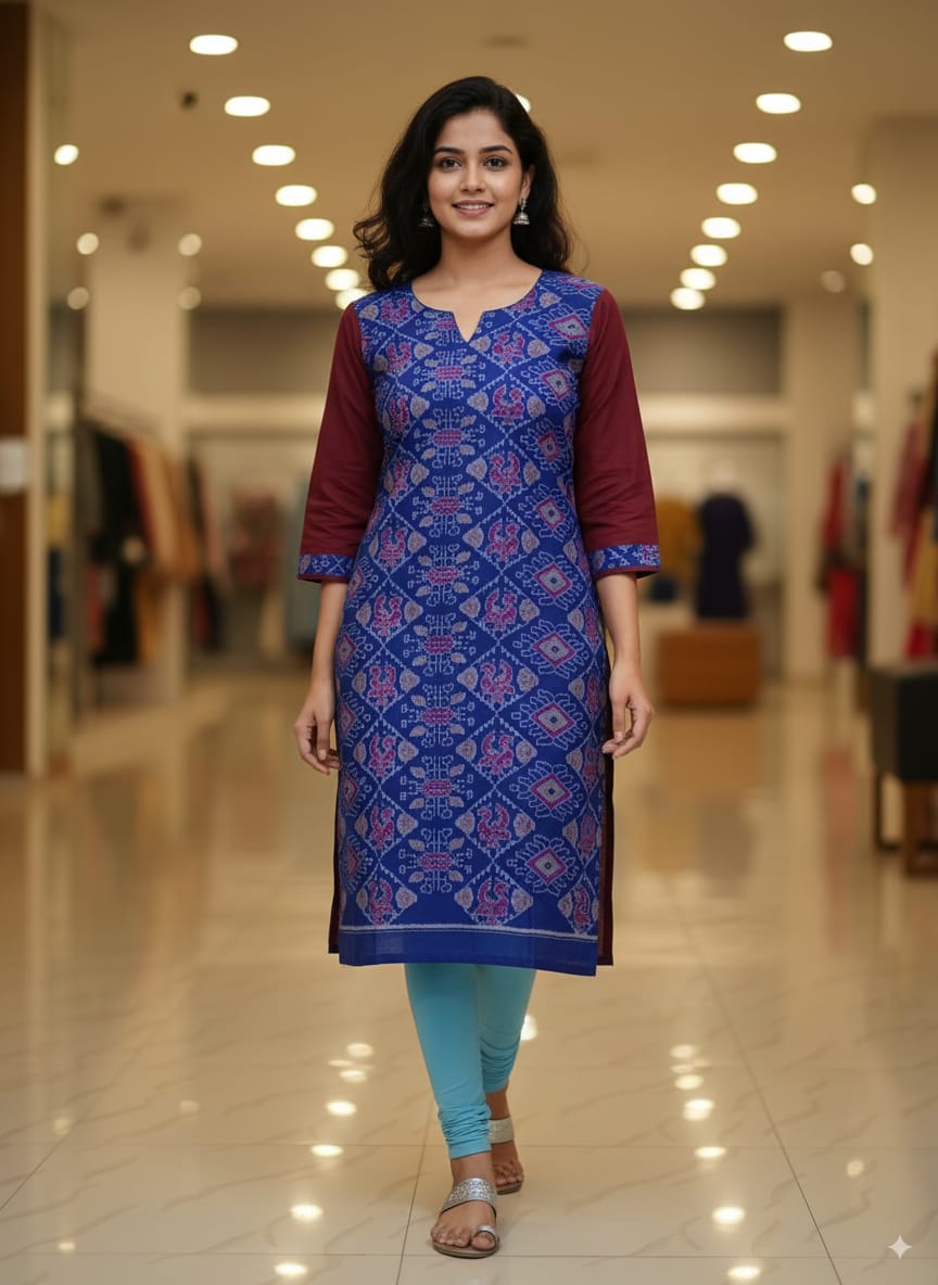 Blue Maroon Pasapali And Animal Designer Sambalpuri A-Line Kurti