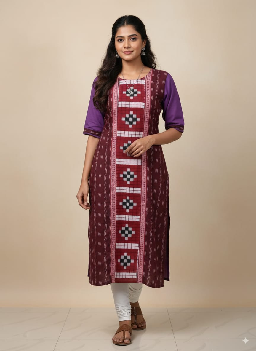 Maroon Purple Pasapali Designer Sambalpuri A-Line Kurti