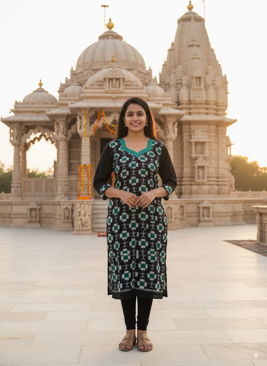 Green Black Pasapali And Tribal Designer Sambalpuri A-Line Kurti