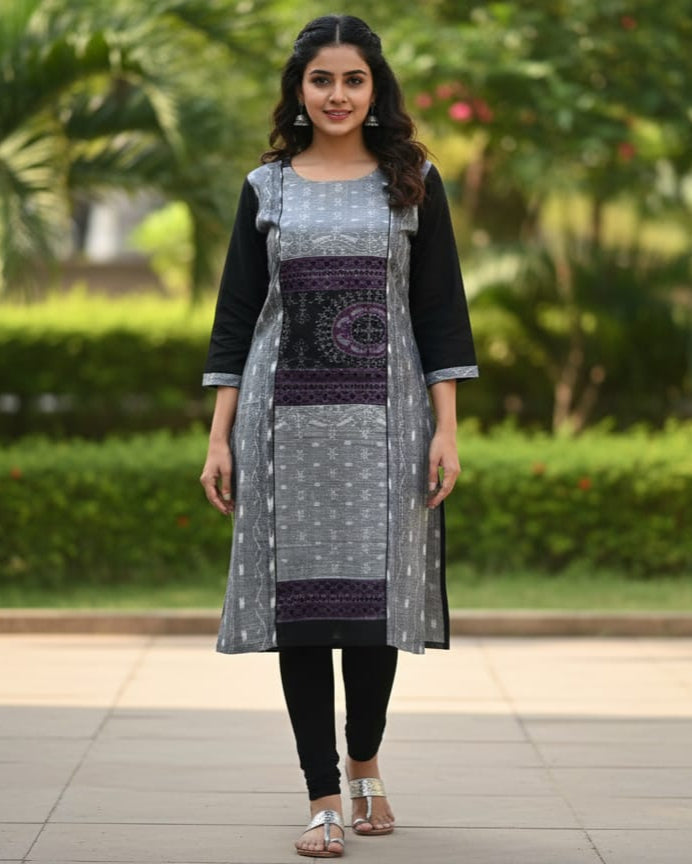 Grey Black Tribal Design Single Side Designer A-Line Kurti