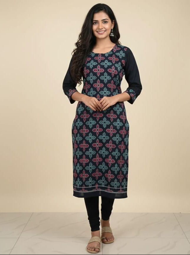 Black Multi Colour Flower Design Single Side Designer A-Line Kurti
