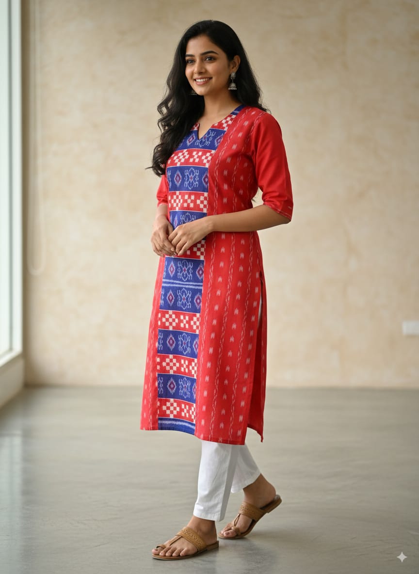 Red Blue Pasapali Designer Sambalpuri A-Line Kurti
