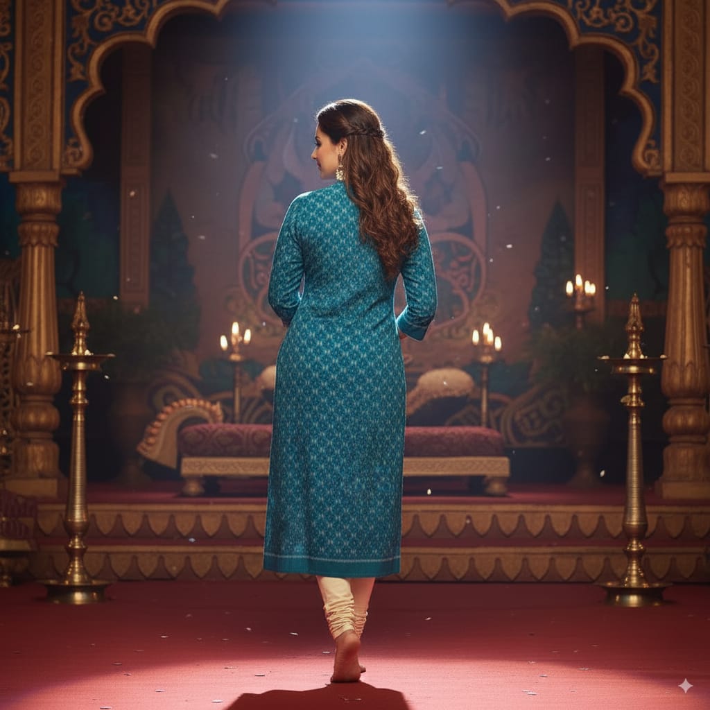 Teal Blue Ikat Designer Double Side Sambalpuri A-Line Kurti