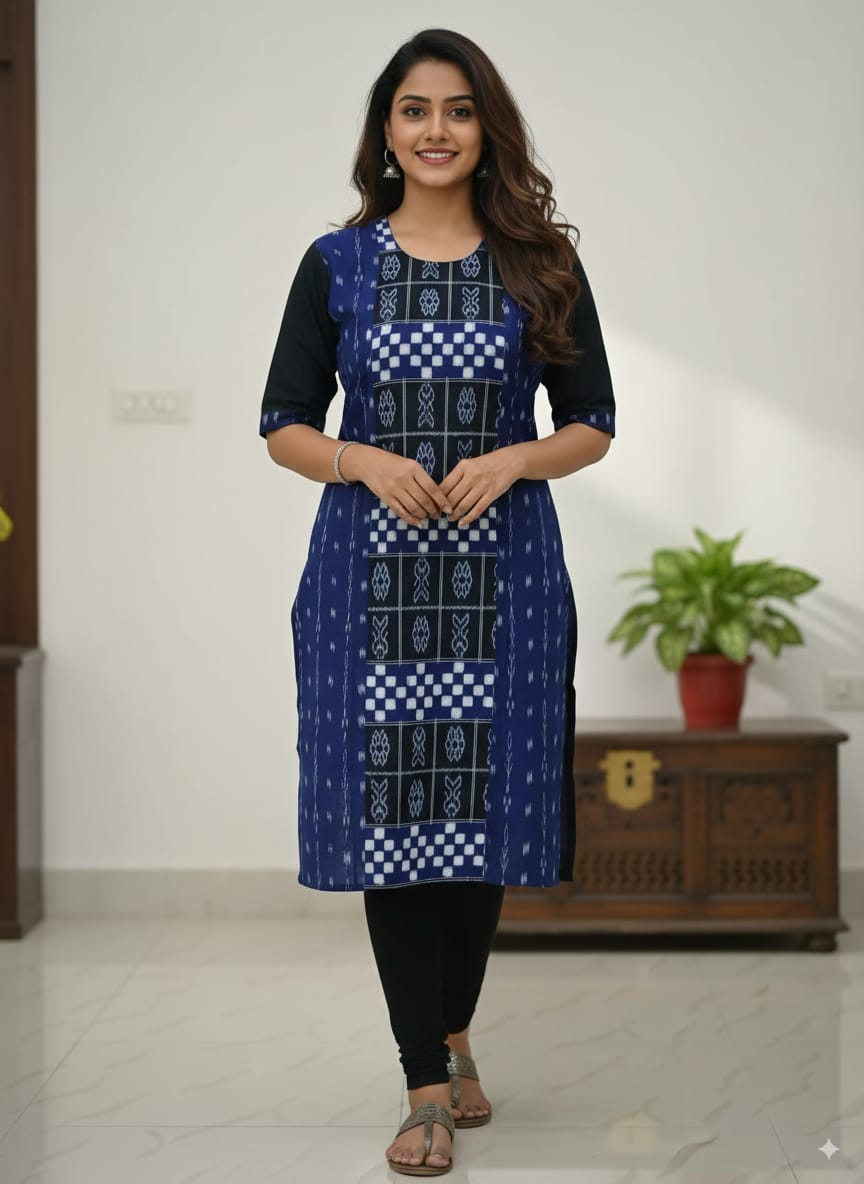 Blue Black Pasapali And Fish Designer Sambalpuri A-Line Kurti