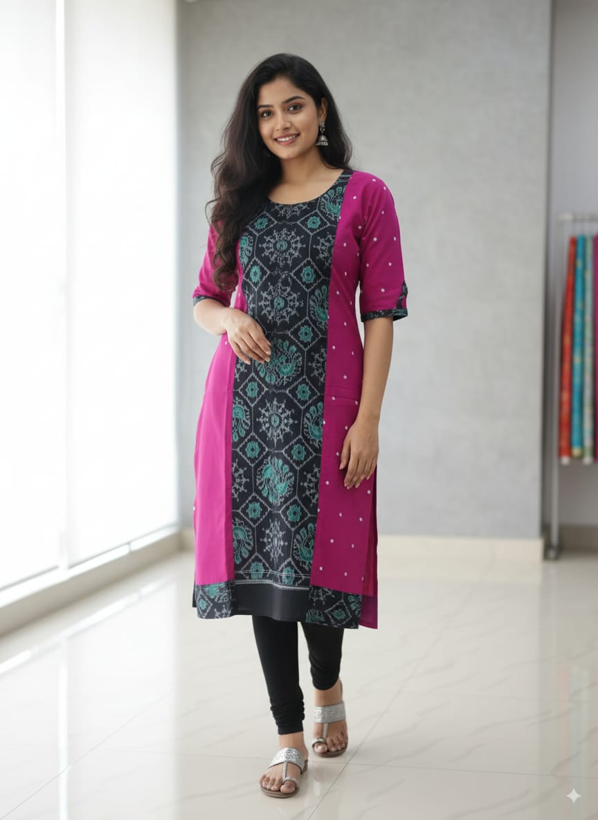 Pink Black Pasapali And Flower Design Sambalpuri Designer A-Line Kurti