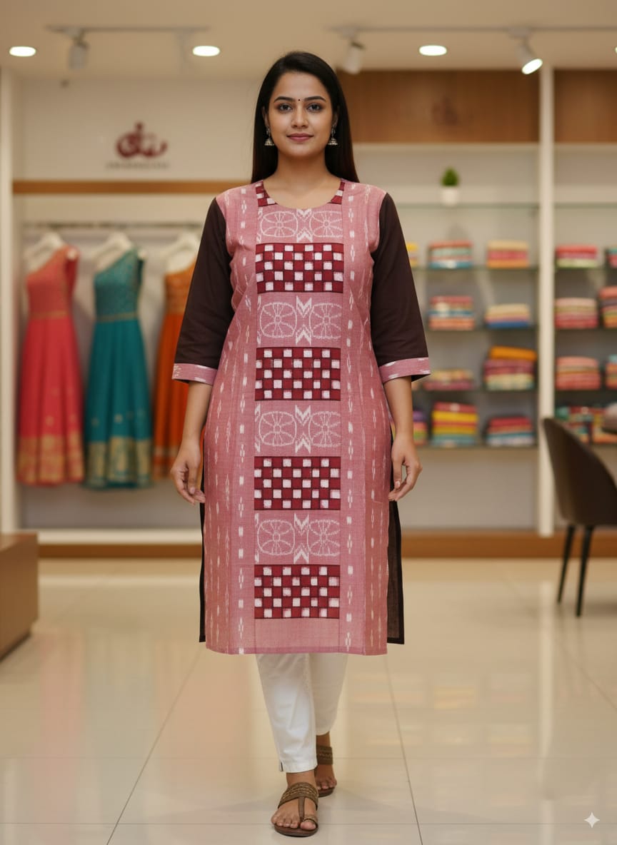 Peach Coffee Pasapali And Wheel Designer Sambalpuri A-Line Kurti