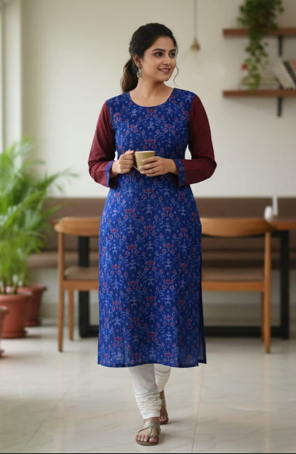 Blue Maroon Tribal Design Double Side Designer A-Line Kurti