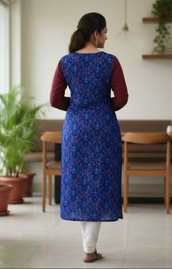 Blue Maroon Tribal Design Double Side Designer A-Line Kurti