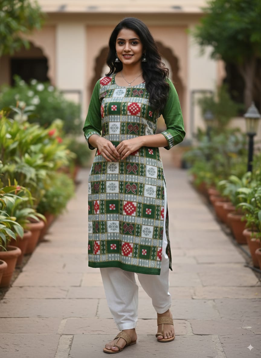Mehendi Green White Red Design Double Side Designer A-Line Kurti