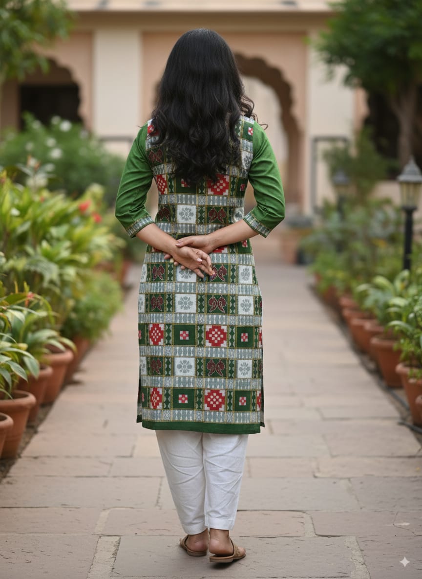 Mehendi Green White Red Design Double Side Designer A-Line Kurti
