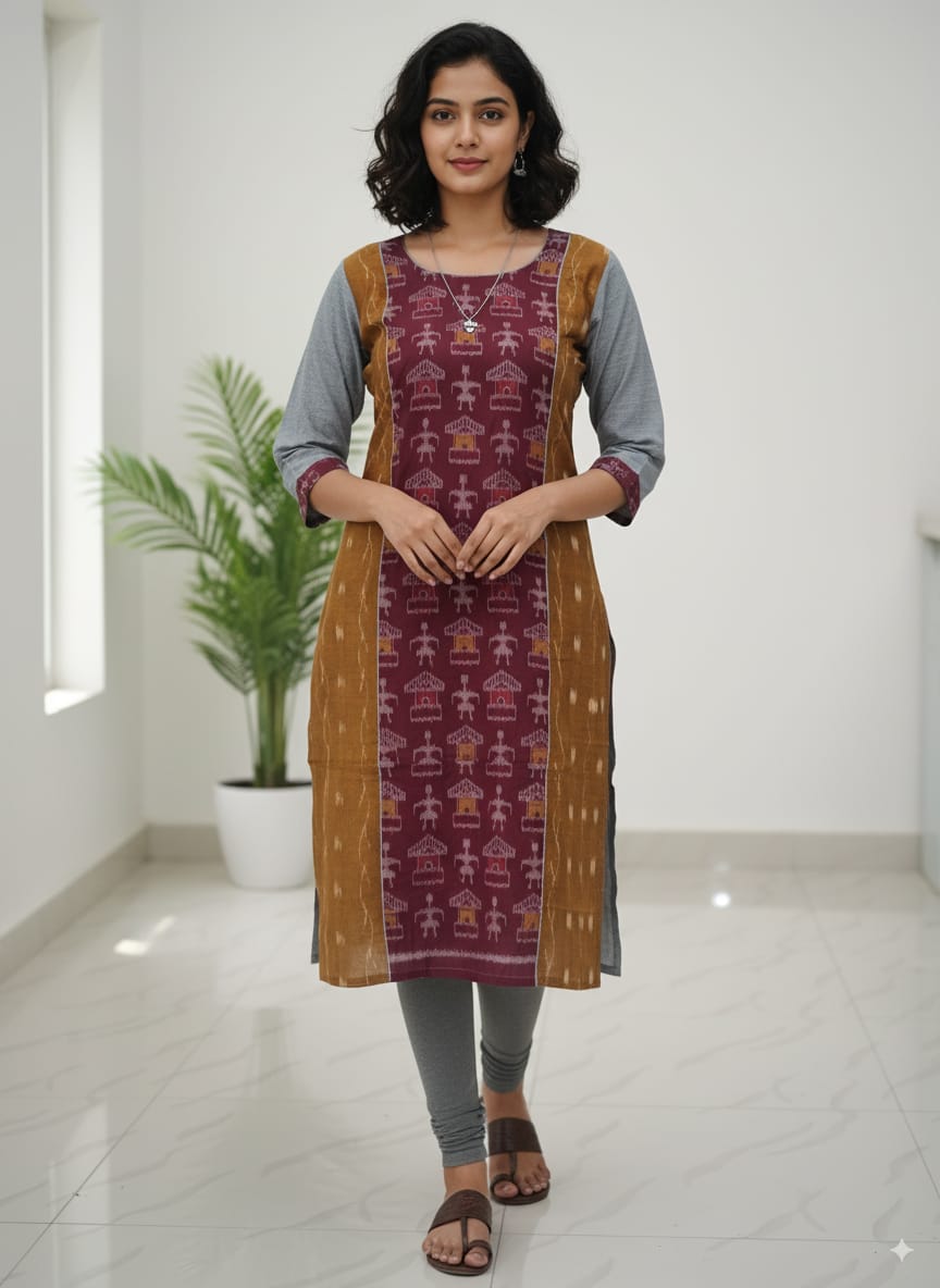 Mustard Yellow Maroon Grey Designer Sambalpuri A-Line Kurti