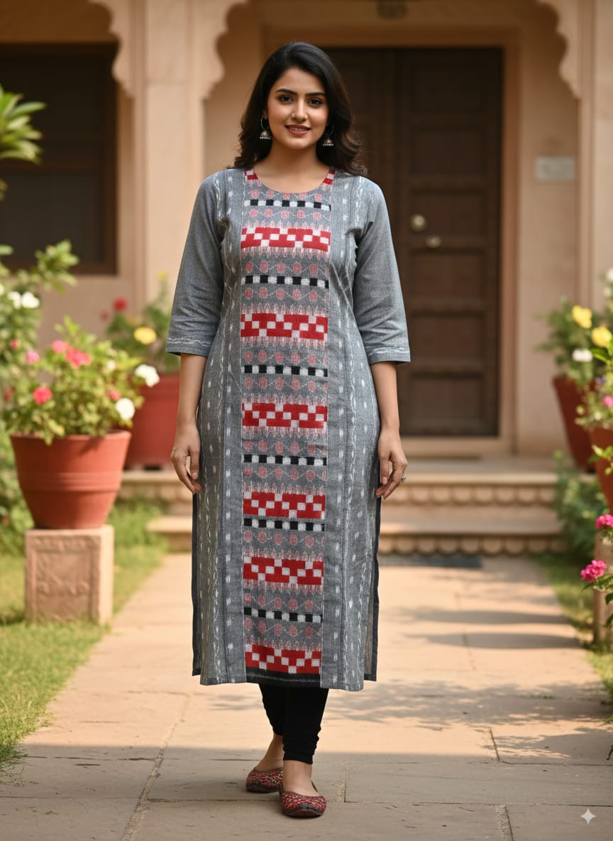 Grey Red Pasapali Design Side Designer A-Line Kurti
