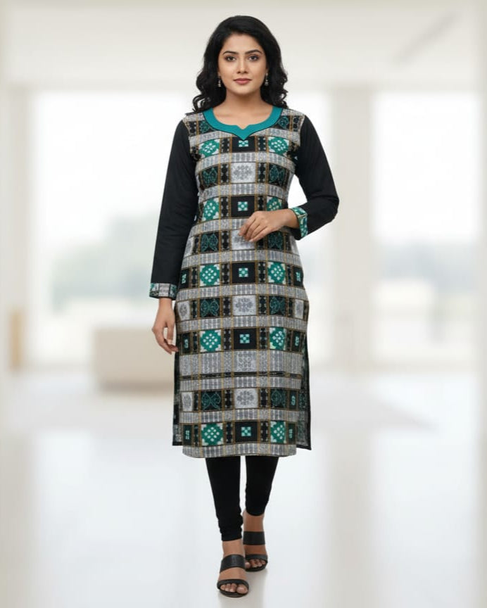 Black White Green Pasapali Design Double Side Designer A-Line Kurti