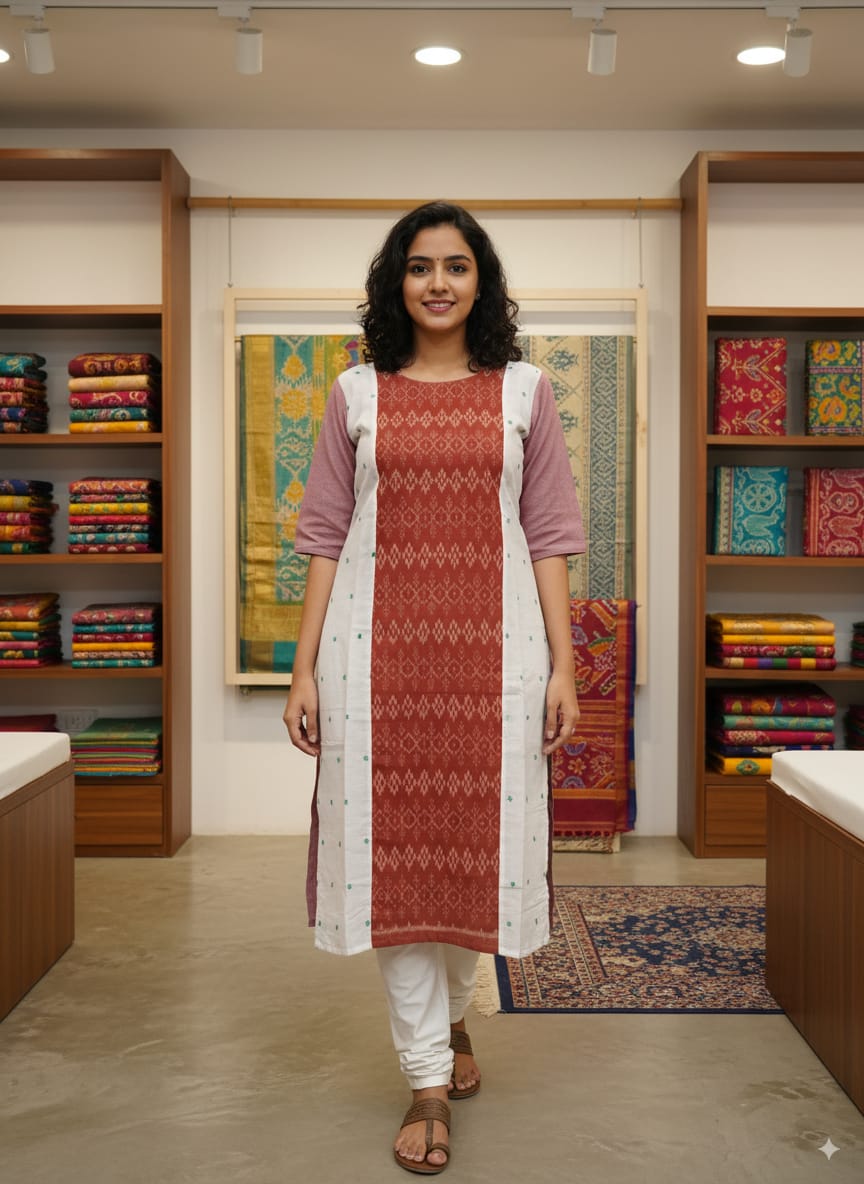 White Rust Pasapali Design Single Side Designer A-Line Kurti