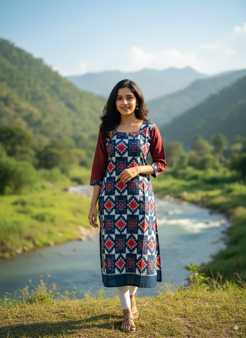 Blue Maroon Pasapali And Flower Designer Double Side Sambalpuri A-Line Kurti