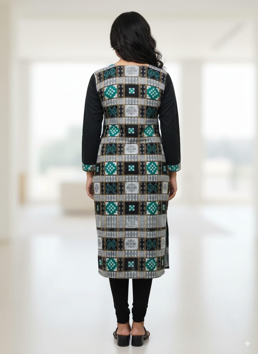 Black White Green Pasapali Design Double Side Designer A-Line Kurti