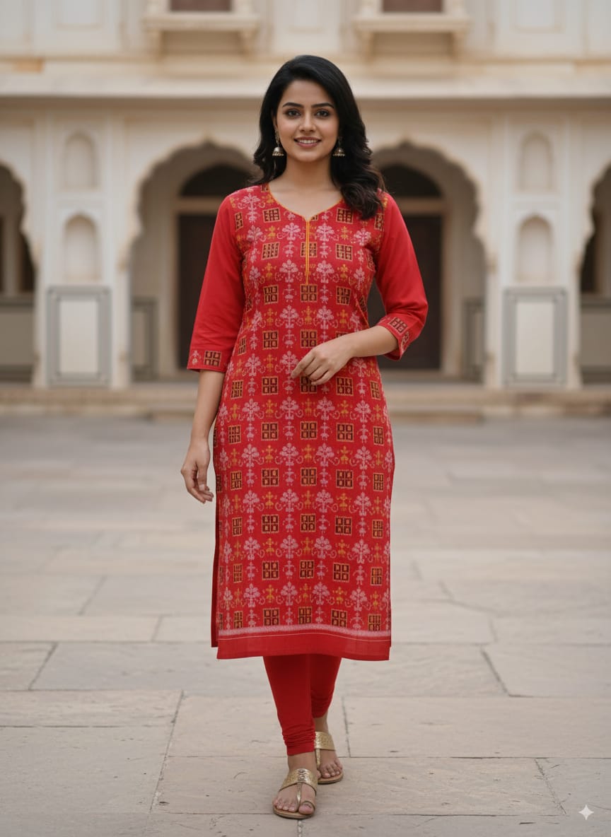 Red Tribal And Flower Design Double Side Designer A-Line Kurti