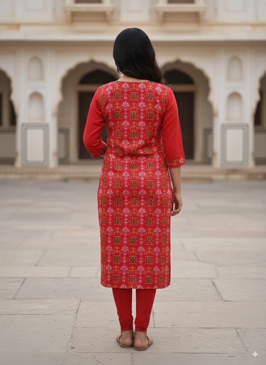 Red Tribal And Flower Design Double Side Designer A-Line Kurti