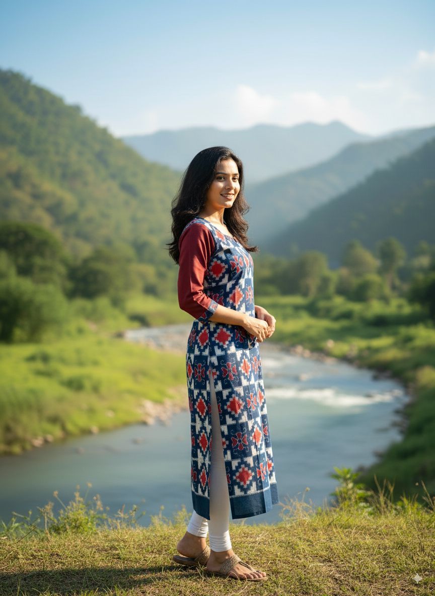 Blue Maroon Pasapali And Flower Designer Double Side Sambalpuri A-Line Kurti