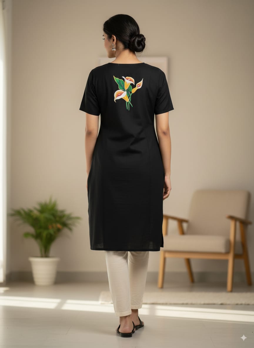 Black Fower Morden Art Hand Painted Pattachitra Kurti