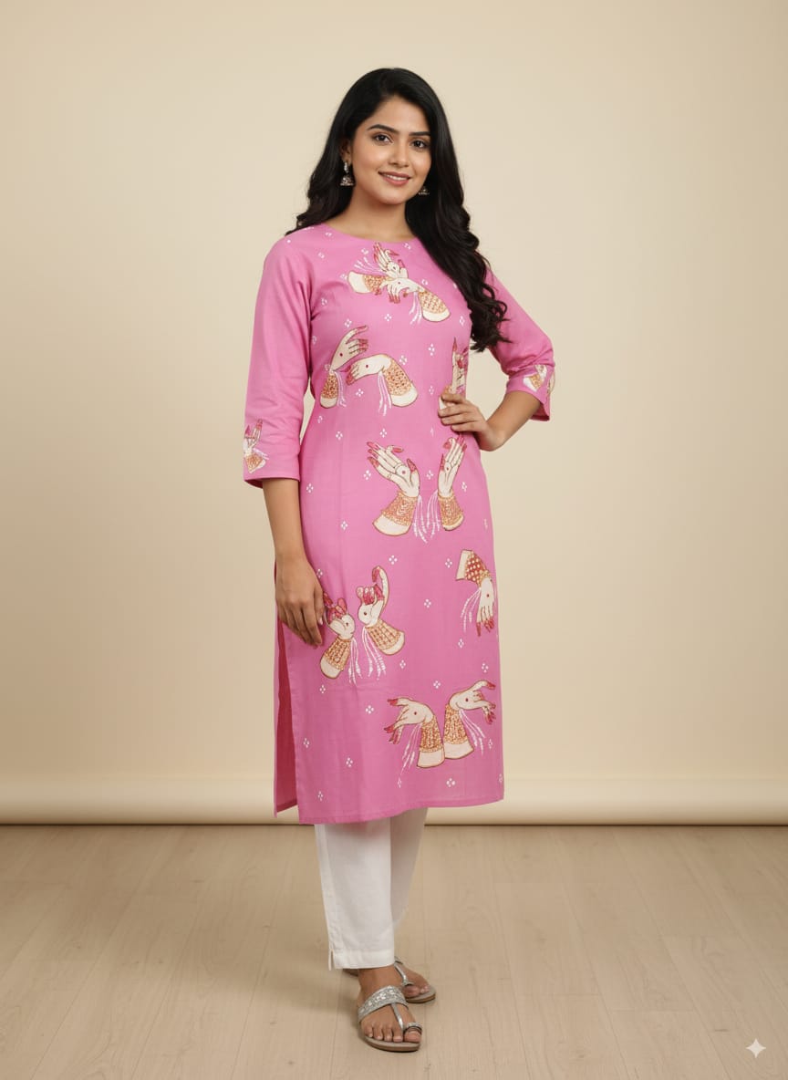 Pink Odishi Mudra Theme Hand Painted Pattachitra Kurti