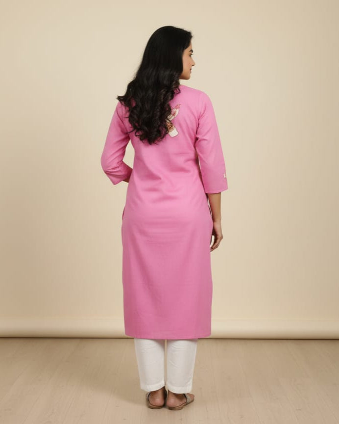 Pink Odishi Mudra Theme Hand Painted Pattachitra Kurti