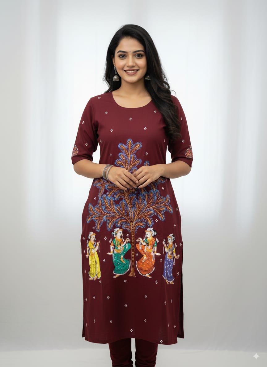 Maroon Dancer And Tree Theme Hand Painted Pattachitra Kurti