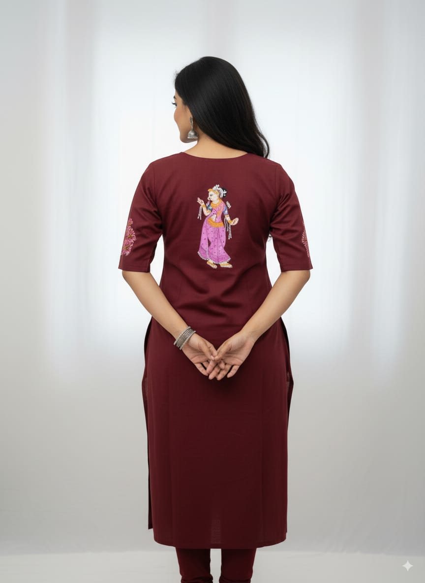 Maroon Dancer And Tree Theme Hand Painted Pattachitra Kurti