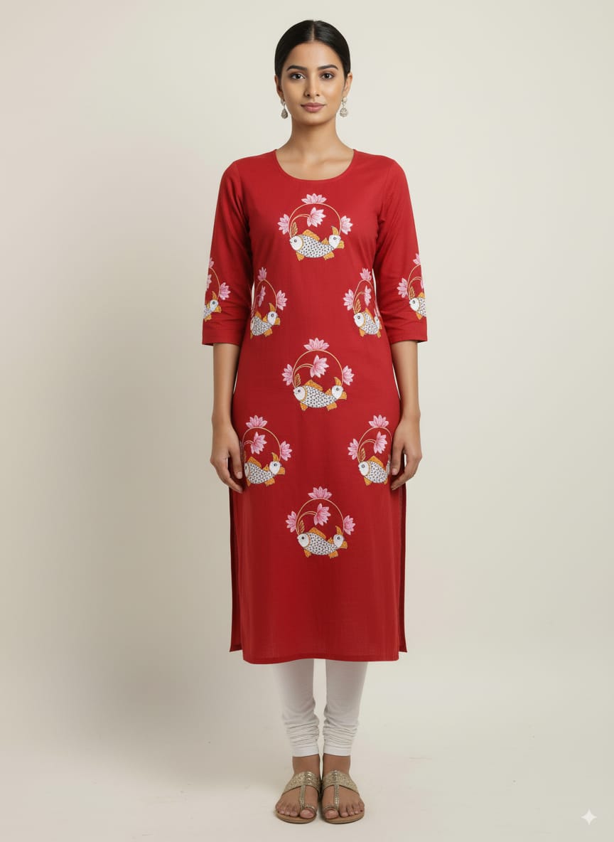 Red Lotus Fish Theme Hand Painted Pattachitra Kurti