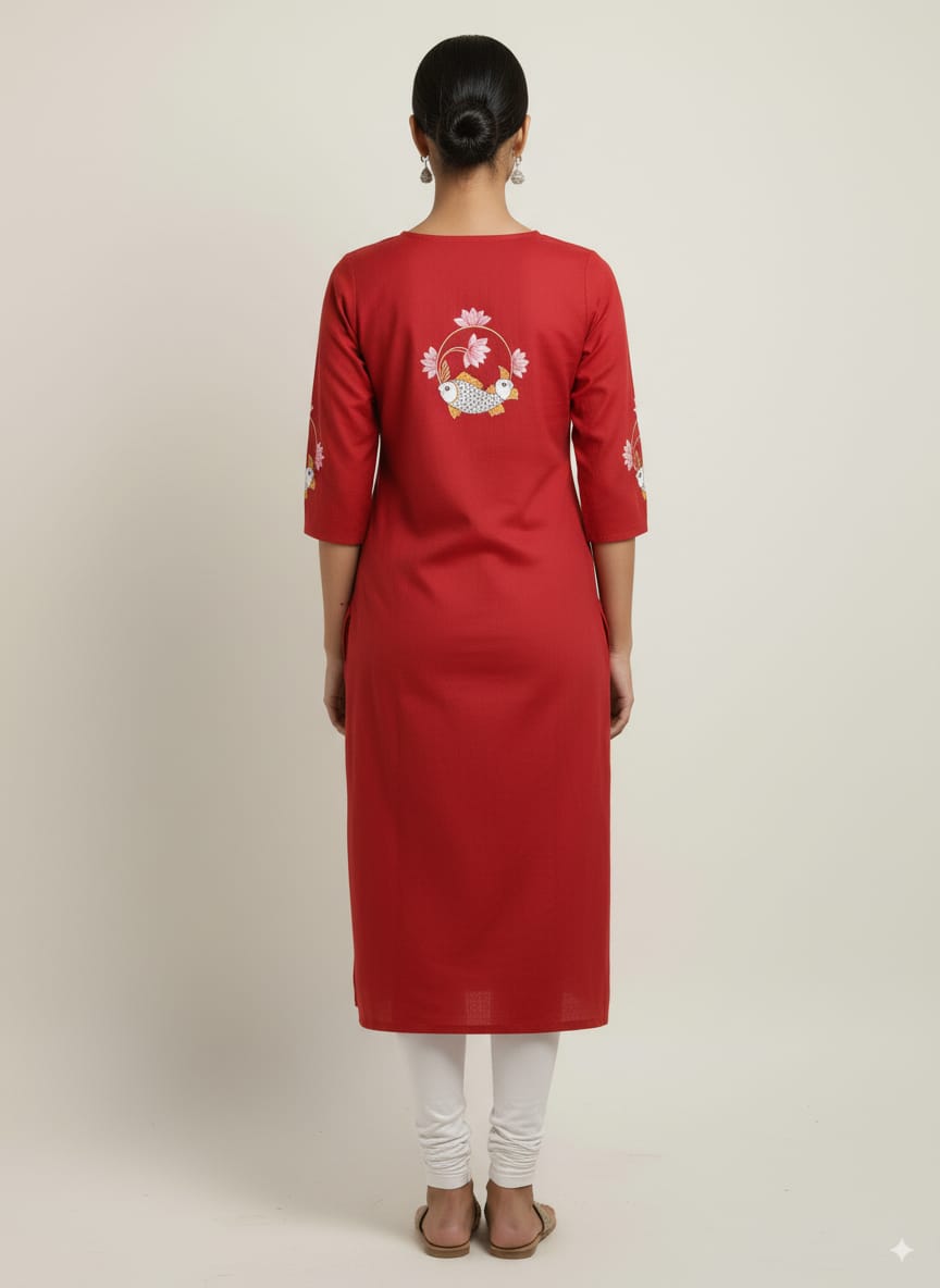 Red Lotus Fish Theme Hand Painted Pattachitra Kurti