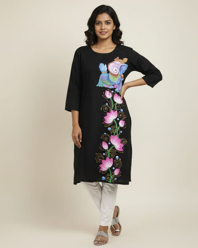 Black Ganesh Theme Hand Painted Pattachitra Kurti