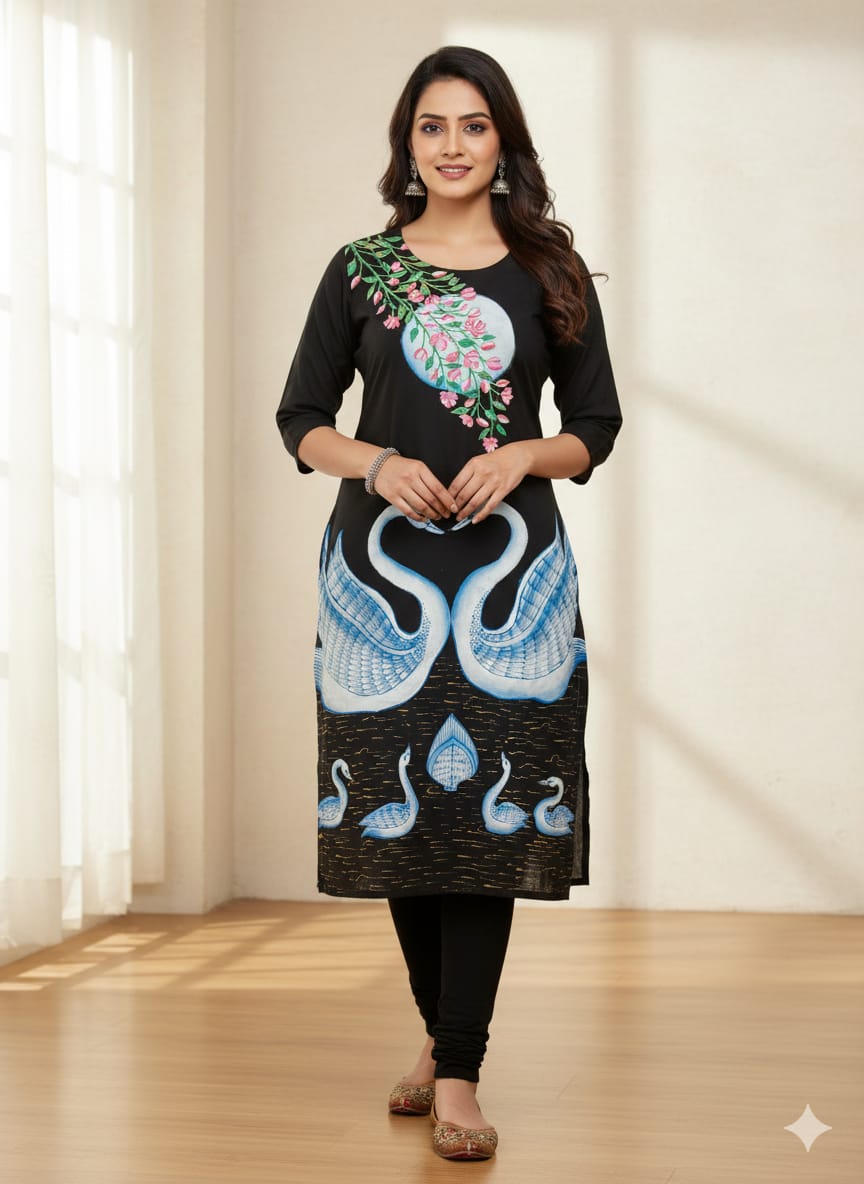 Black Dual Swan Theme Hand Painted Pattachitra Kurti