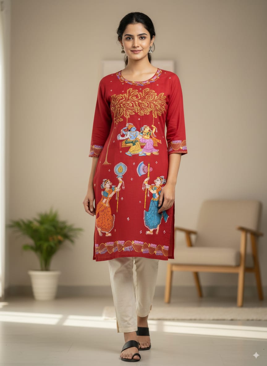 Red Radha Krishna Doli Rasa Theme Hand Painted Pattachitra Kurti