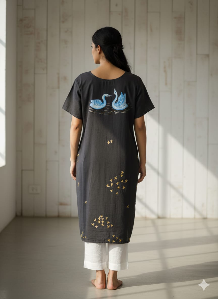 Black Dual Swan Theme Hand Painted Pattachitra Kurti