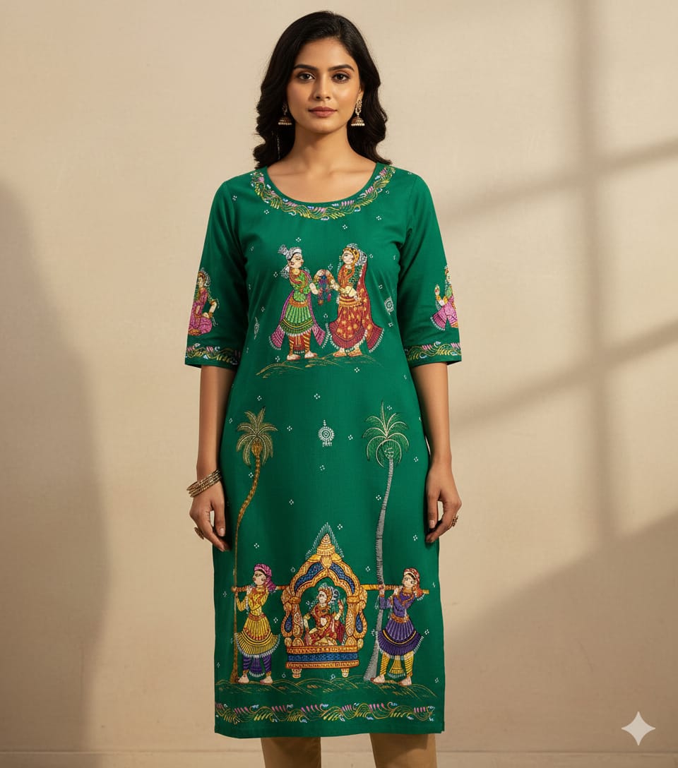 Sea Green Marriage Theme Hand Painted Pattachitra Kurti