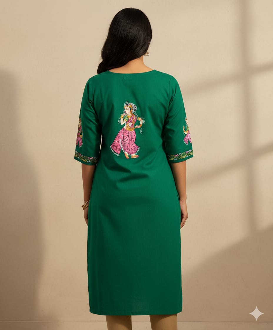 Sea Green Marriage Theme Hand Painted Pattachitra Kurti