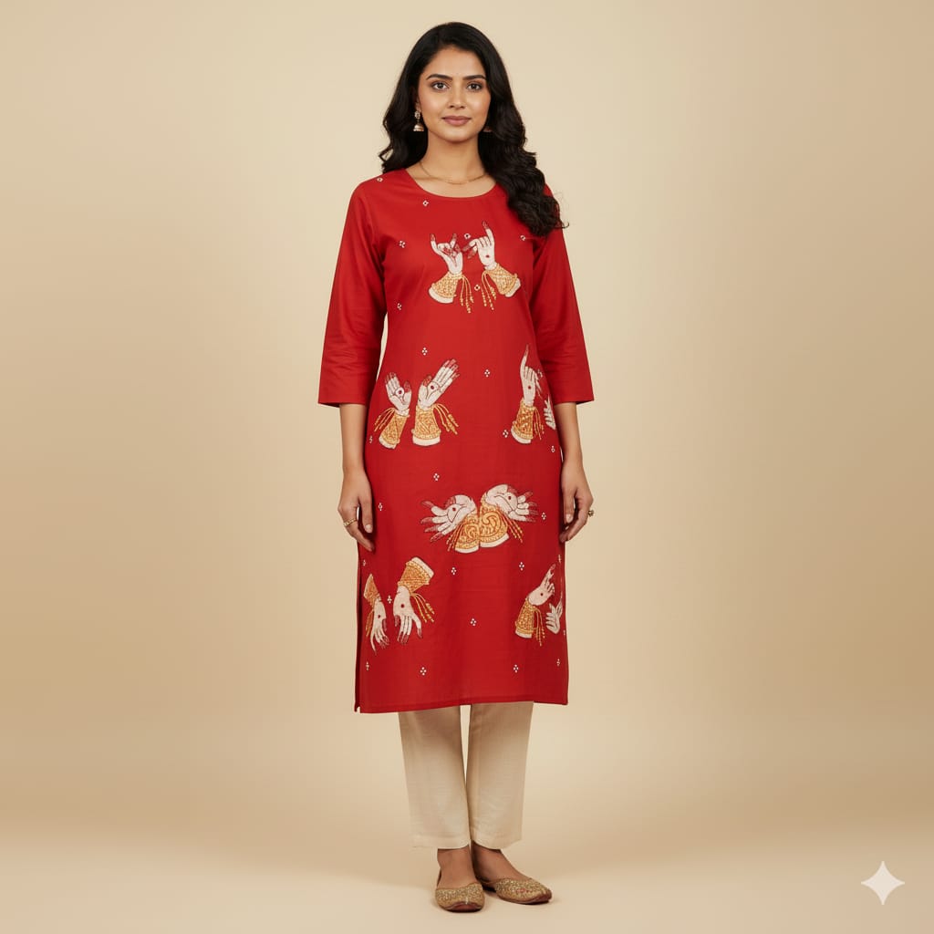 Red Odishi Mudra Theme Hand Painted Pattachitra Kurti