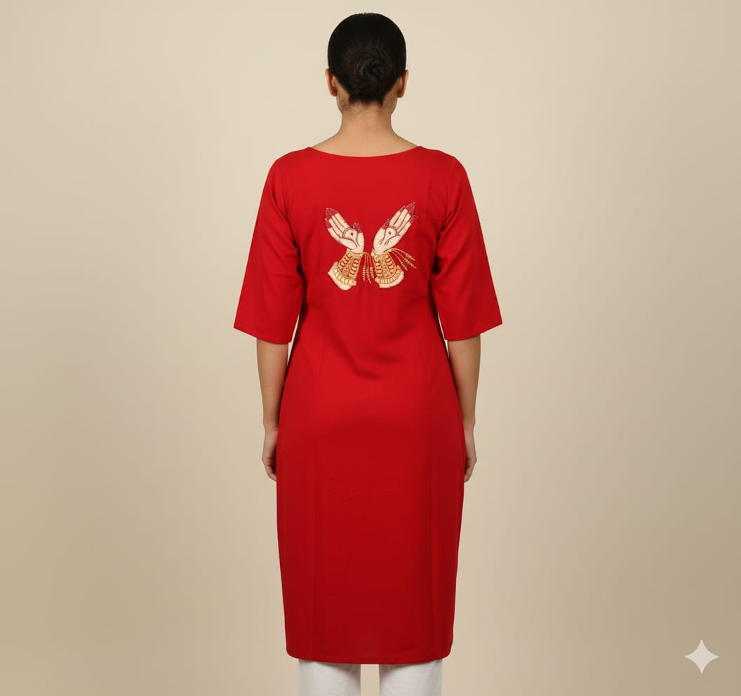 Red Odishi Mudra Theme Hand Painted Pattachitra Kurti