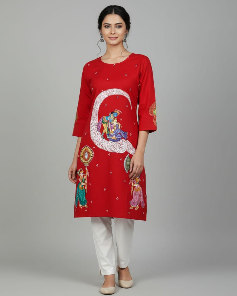Red Chandra Rasa Theme Hand Painted Pattachitra Kurti