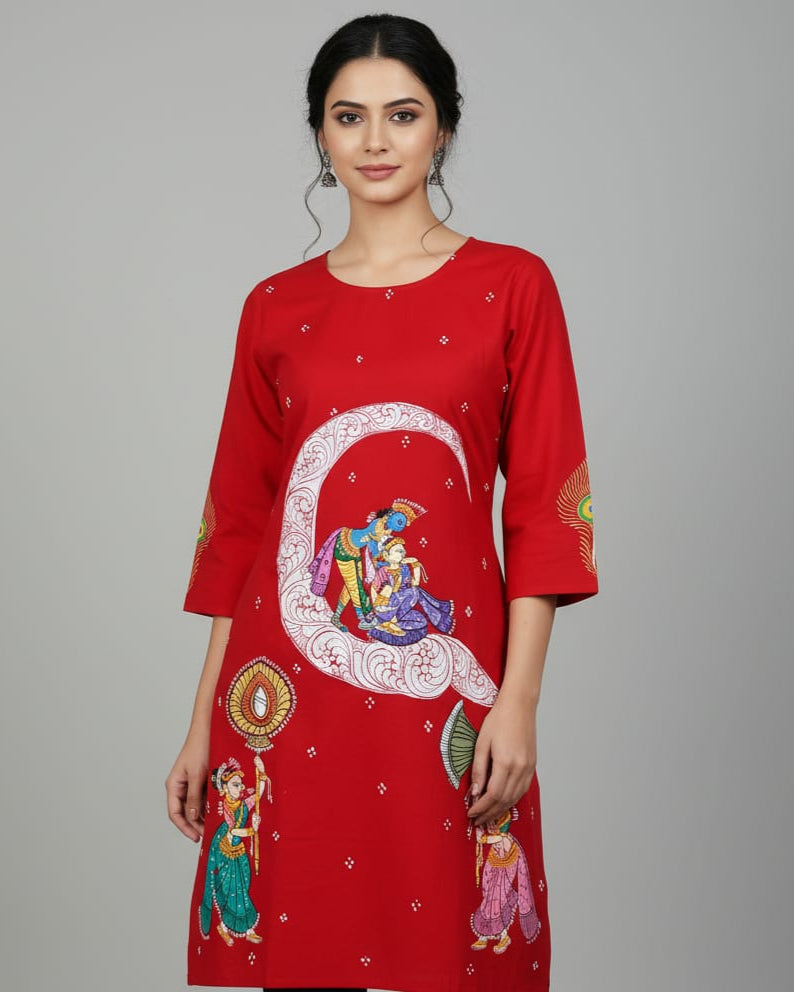Red Chandra Rasa Theme Hand Painted Pattachitra Kurti