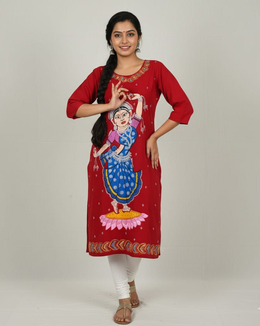 Red Dancer Theme Hand Painted Pattachitra Kurti