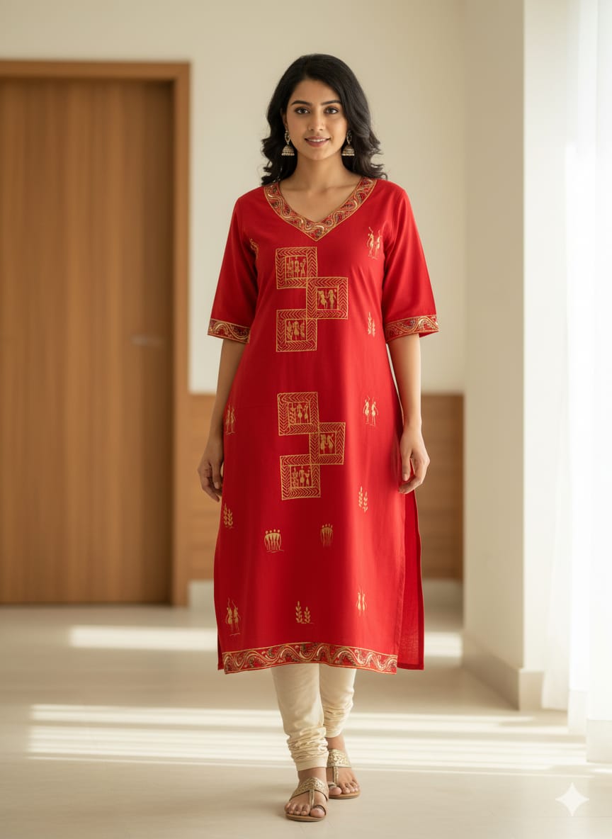 Red Tribal Square Theme Hand Painted Pattachitra Kurti