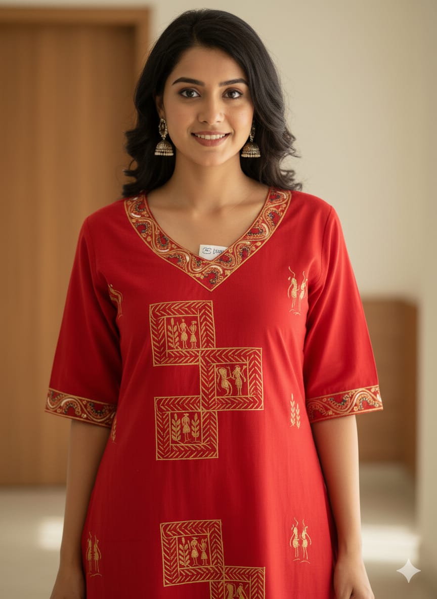 Red Tribal Square Theme Hand Painted Pattachitra Kurti