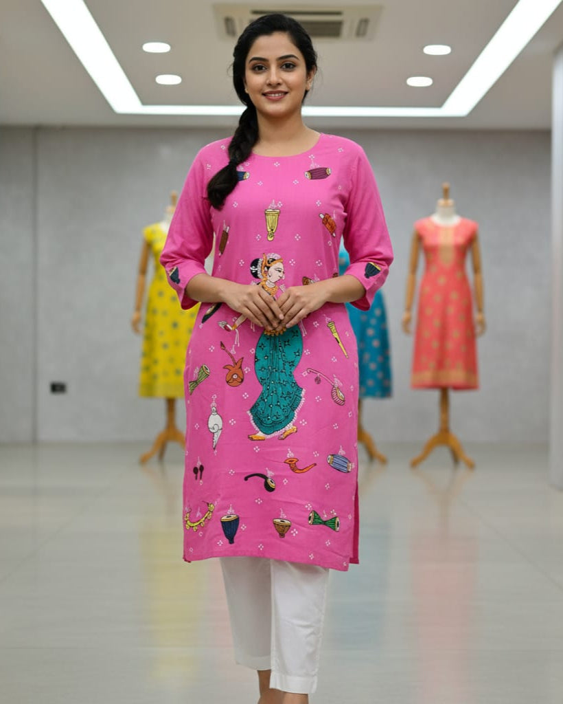 Pink Dancer And Musical Instrument Theme Hand Painted Pattachitra Kurti