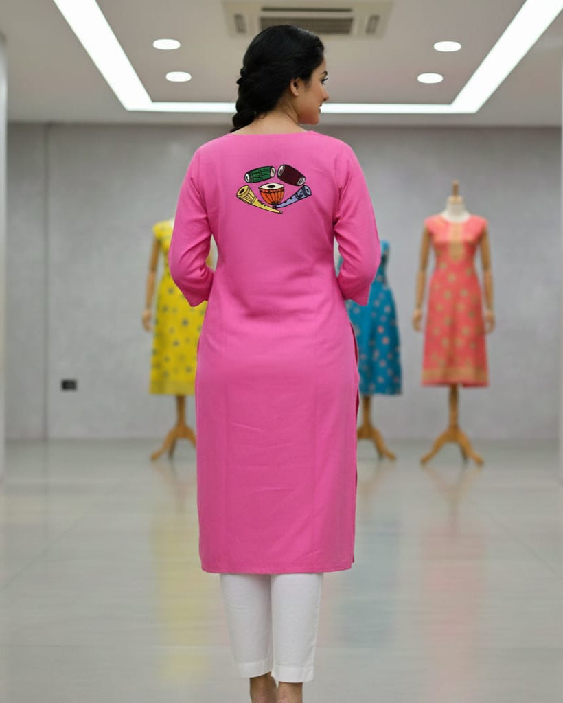 Pink Dancer And Musical Instrument Theme Hand Painted Pattachitra Kurti