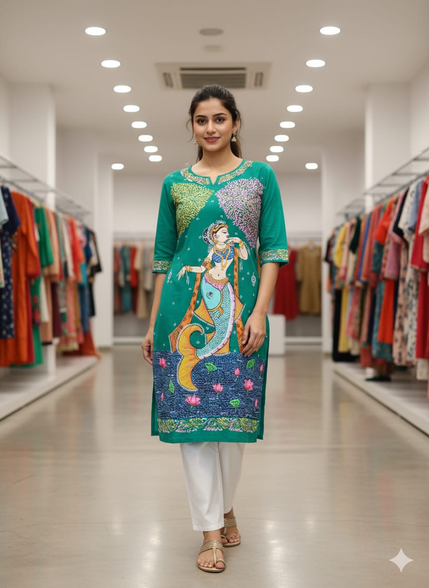 Sea Green Mastya Kanya Theme Hand Painted Pattachitra Kurti