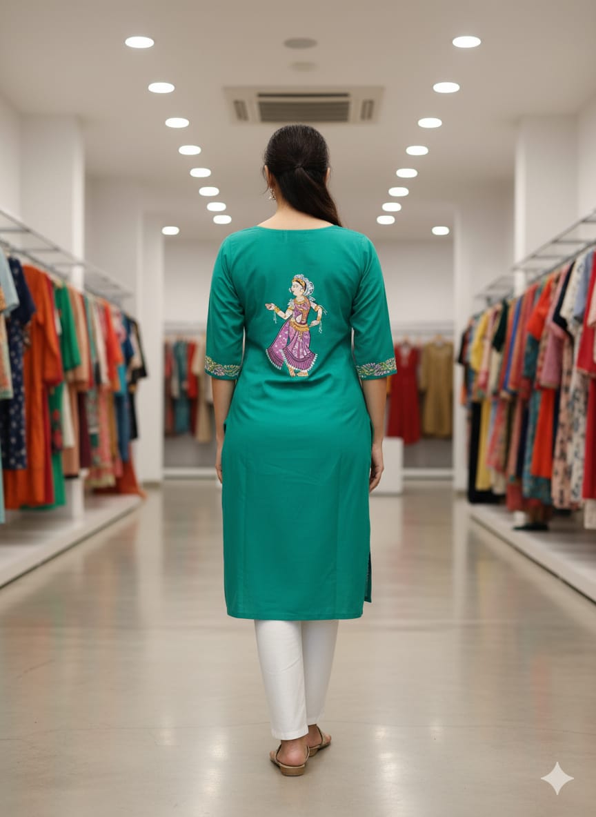 Sea Green Mastya Kanya Theme Hand Painted Pattachitra Kurti