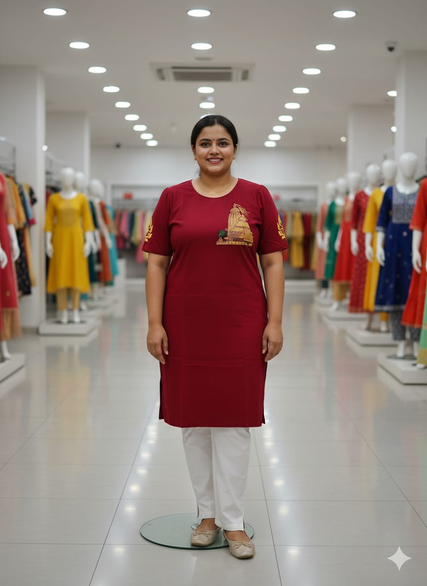 Maroon Sri Mandira Theme Hand Painted Pattachitra Kurti