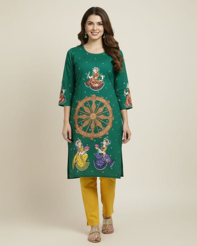 Sea Green Konark Wheel And Dancer Theme Hand Painted Pattachitra Kurti