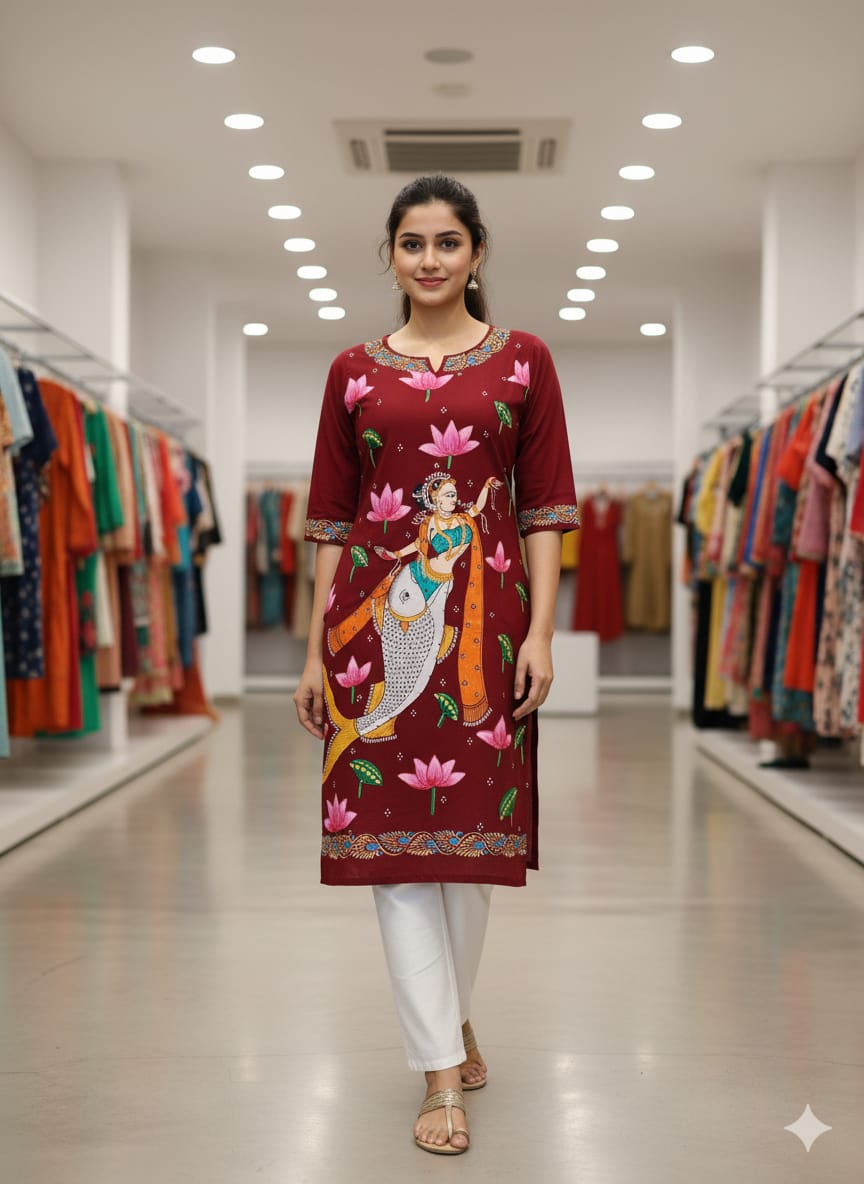 Maroon Mastya Kanya Theme Hand Painted Pattachitra Kurti